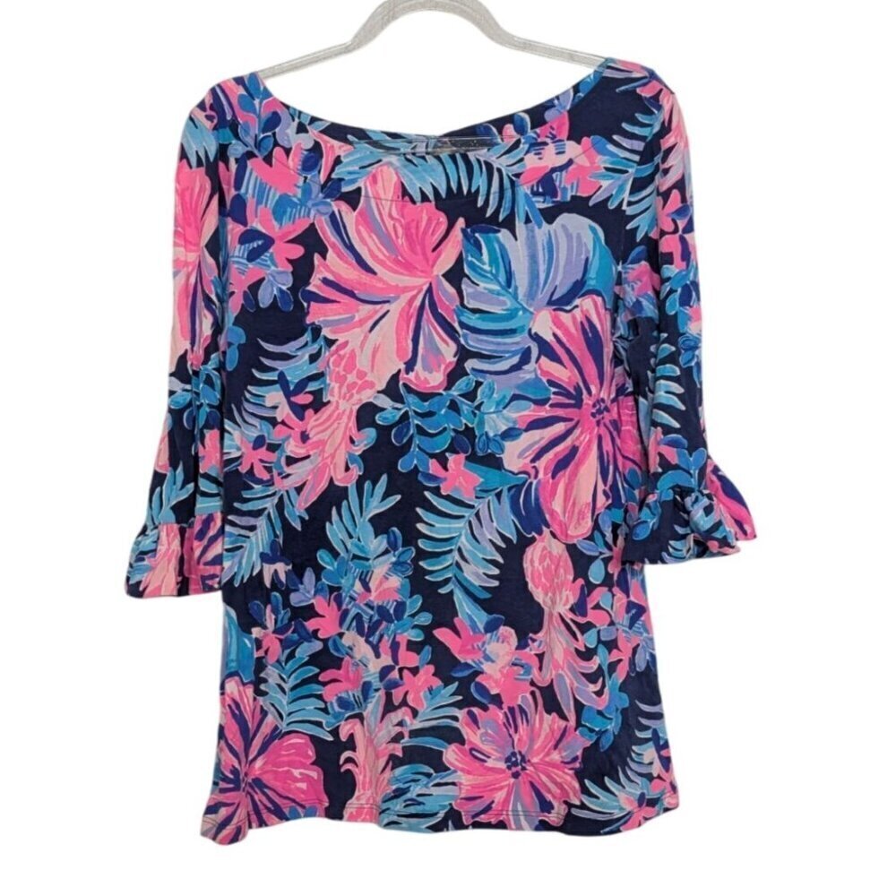 Lilly Pulitzer Waverly Ruffle Top Womens Size Small Blue Multi Garden Get Away